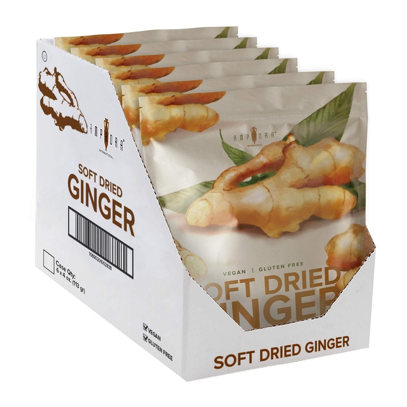 AMPHORA Soft Dried Ginger, 4 oz Pouch, Case of 6 - Natural Flavor, Ideal for Cooking and Baking