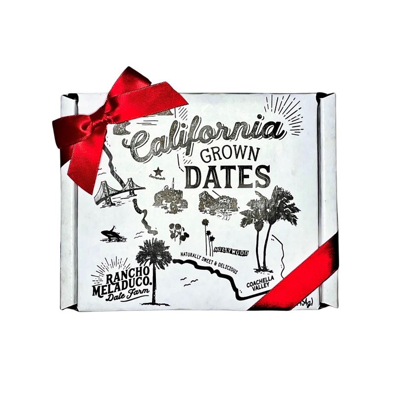 Rancho Meladuco Date Farm 1 Lb. Box With Red Satin Ribbon | Contains Whole, Un-Pitted, Organic, California-Grown Medjool Dates |