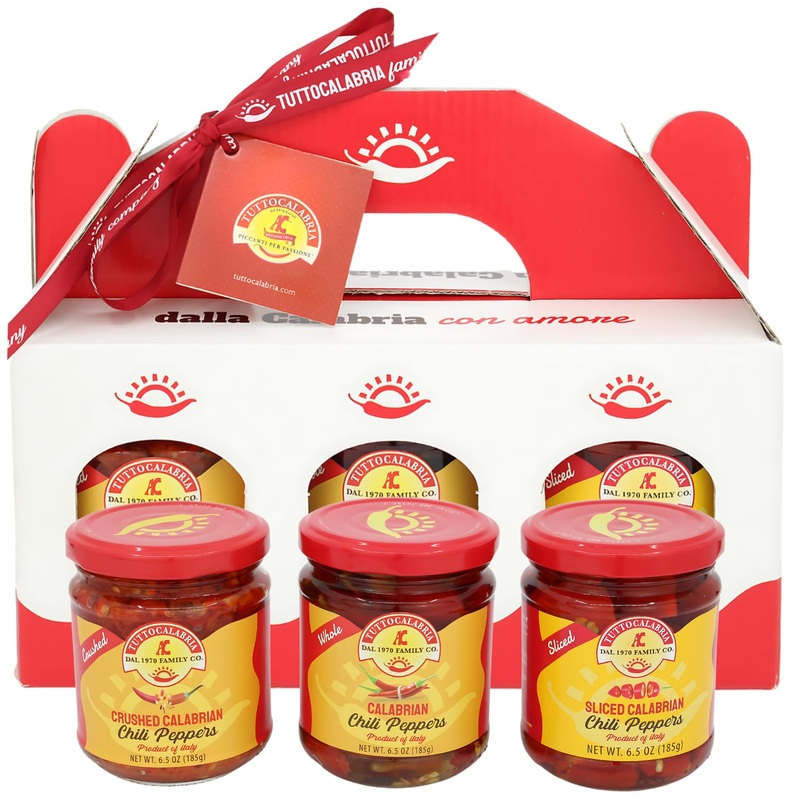 Tuttocalabria Gift Set, Variety 3 Pack, Crushed, Sliced, Calabrian Chili Pepper Gift Set (3 Pack X 6.5Oz) Non Gmo, Product Of Ca