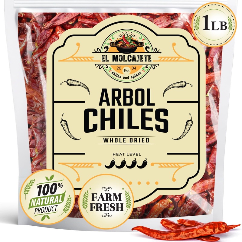Arbol Chile Whole Dried Arbol Chile - 1 Lb - El Molcajete Brand For Mexican Recipes, Tamales, Salsa, Chili, Meats, Soups, Stews