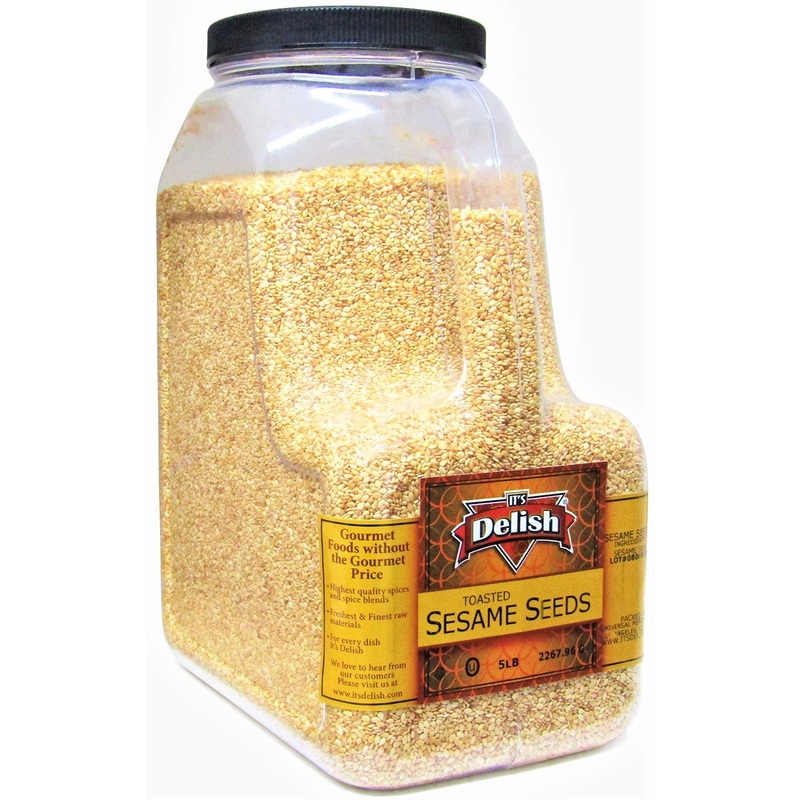 Gourmet Toasted Whole Sesame Seeds By It'S Delish - 5 Lb Gallon Size Container Jug With Handle - Natural Gluten-Free Fresh Oven