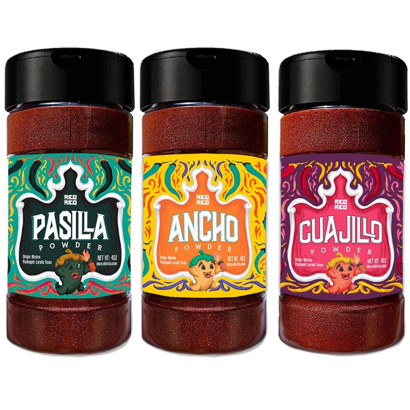 Rico Rico Chile Powder 3 Pack Bundle (12 Oz Total) - The Holy Trinity - Ancho, Guajillo & Pasilla For Authentic Mexican Recipes,