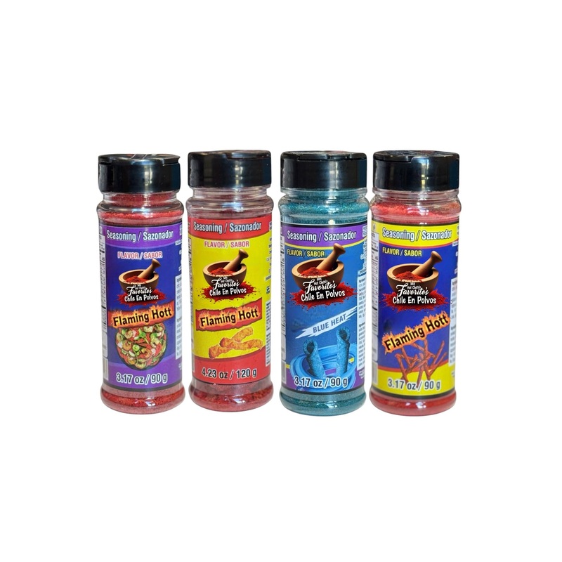 Flaming Hot Flavored Chili Powder Pack Of 4 Hot Flaming (4 Pack, Tost Hot, Flamin,Takiblu,Takihot)