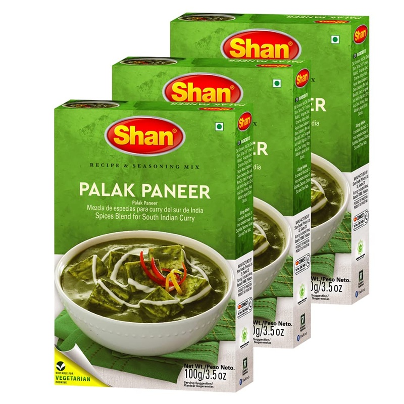 Shan Palak Paneer Recipe & Seasoning Mix 100G (3.52Oz) Pack Of 3 - Mix For Spinach And Cheese - Suitable For Vegetarians - Airti