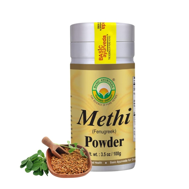Basic Ayurveda Methi (Fenugreek) Powder - 3.53 Oz (100G) | Pure Ground Fenugreek For Culinary Use, Herbal Tea, Hair & Skin Care
