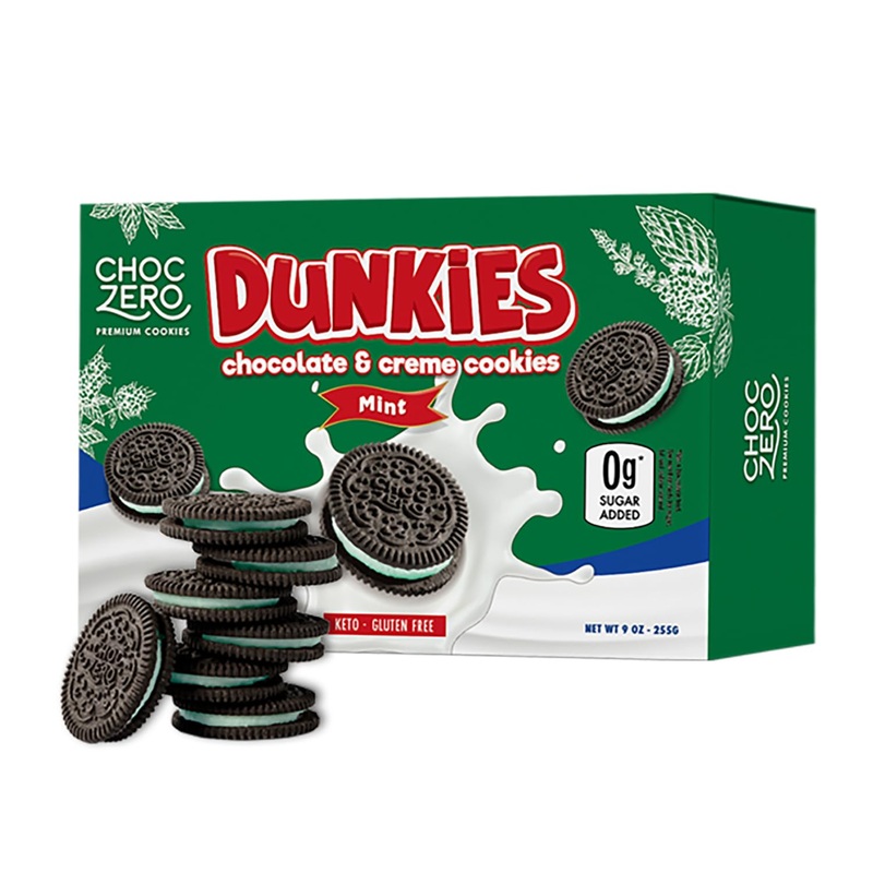 Choczero Mint Creme Chocolate Sandwich Cookies, Gluten Free, No Added Sugar, High In Fiber, Keto Friendly Dunkies (1 Box, 9Oz)