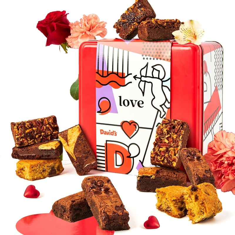 Davids Cookies Assorted Brownies In Love Tin Gift Basket 20Pcs - Delicious, Fresh Baked Brownie Snacks - Gourmet Pure Chocolate