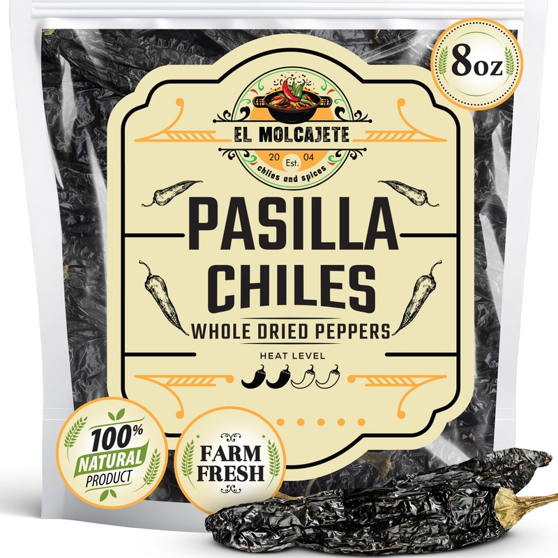 Dried Mexican Pasilla Negro Chilaca Chiles El Molcajete Brand 8 Oz Bag - Mexican Recipes, Chillies Tamales, Salsa, Chili, Meats,