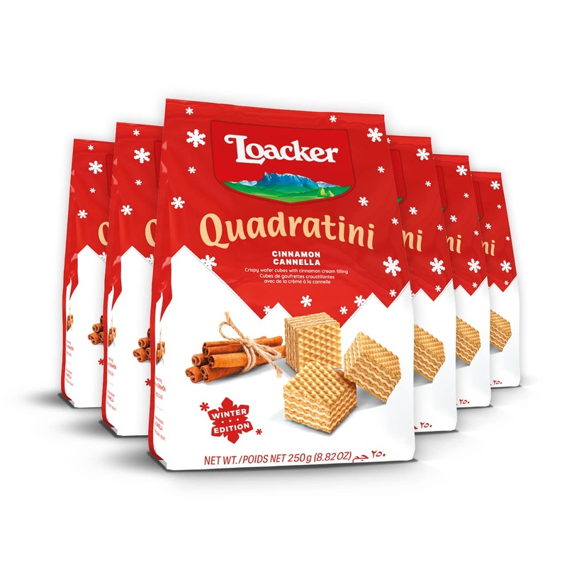 Loacker Quadratini Cinnamon Wafer Cookies Large - Limited Holiday Edition Premium Crispy Bite Size Wafers With Cinnamon Cream Fi