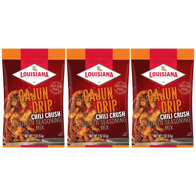 Louisiana Fish Fry Cajun Drip Chili Crush Butter Seasoning Mix - Seasoned Butter Sauce For Seafood - 2 Oz. Bag (Pack Of 3) - Jus