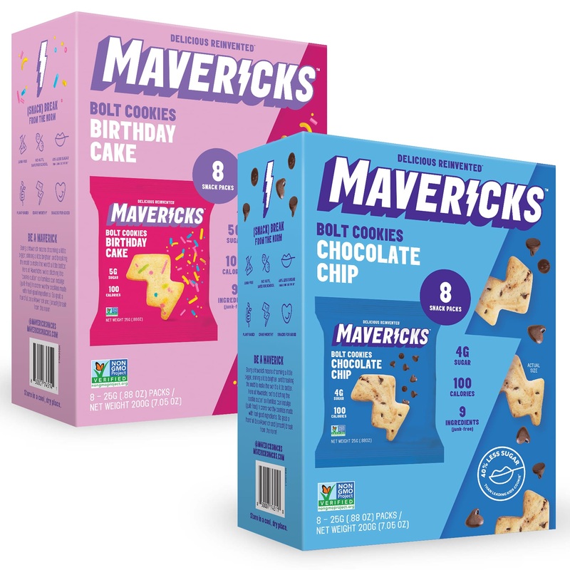 Mavericks Cookie Variety Pack - Healthy Cookies, Plant-Based Snack For Kids - Chocolate Chip & Birthday Cake - 2 Boxes (16 Pouch