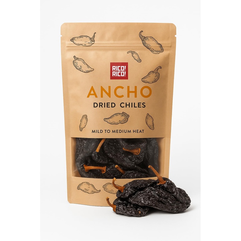 Rico Rico Dried Ancho Chile Peppers 8 Oz - Premium Ancho Chiles Secos For Authentic Mexican Recipes - Mild To Medium Heat, Resea