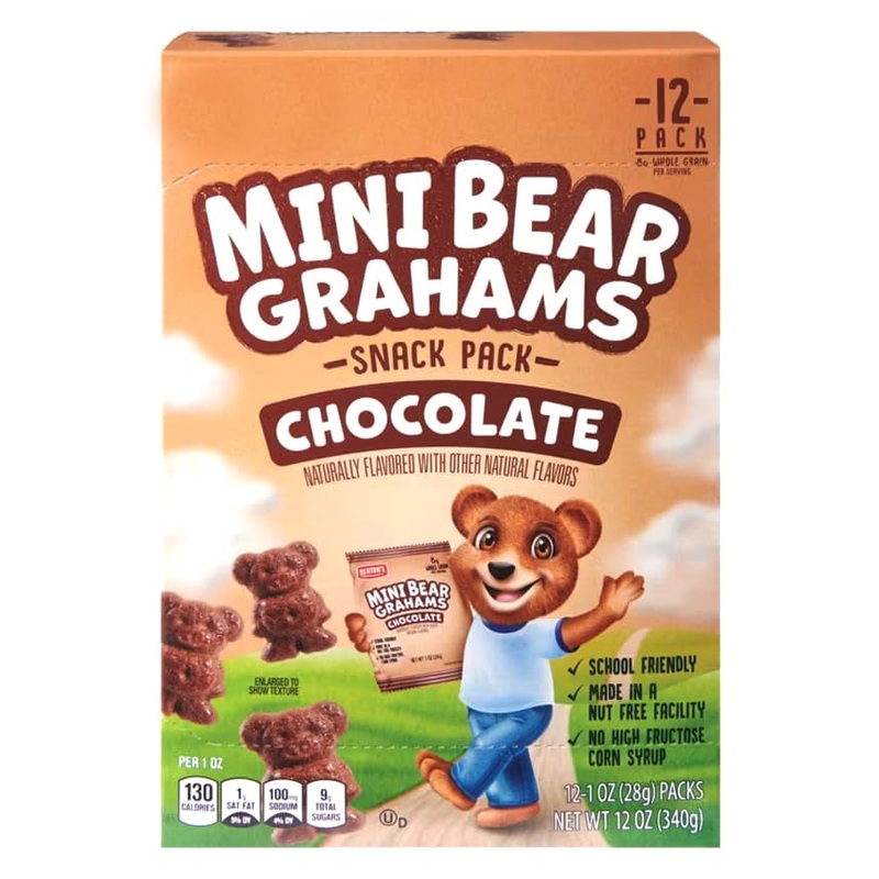 Benton Mini Bear Chocolate Grahams Snack Pack Animal Cracker Cookies, On The Go, 12 Pouches, 1 Oz Per Box, School Friendly, Nut