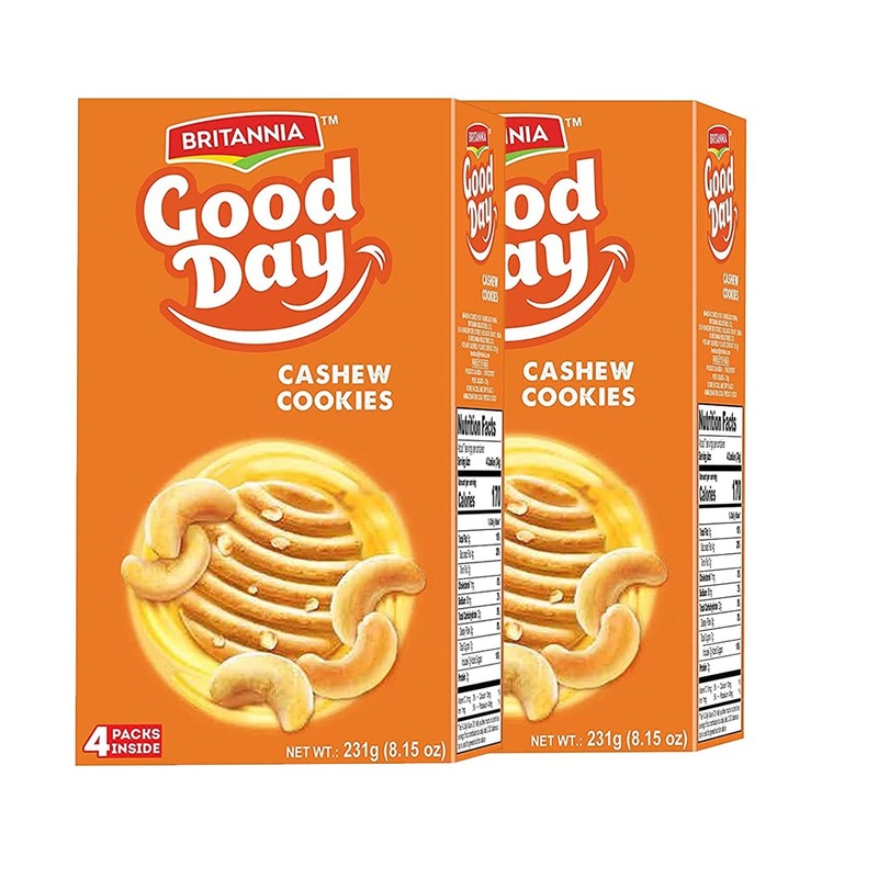 Britannia Good Day Cashew Cookies Family Pack 8.15Oz (231G) - Breakfast & Tea Time Snacks - Delicious Grocery Cookies (Pack Of 2