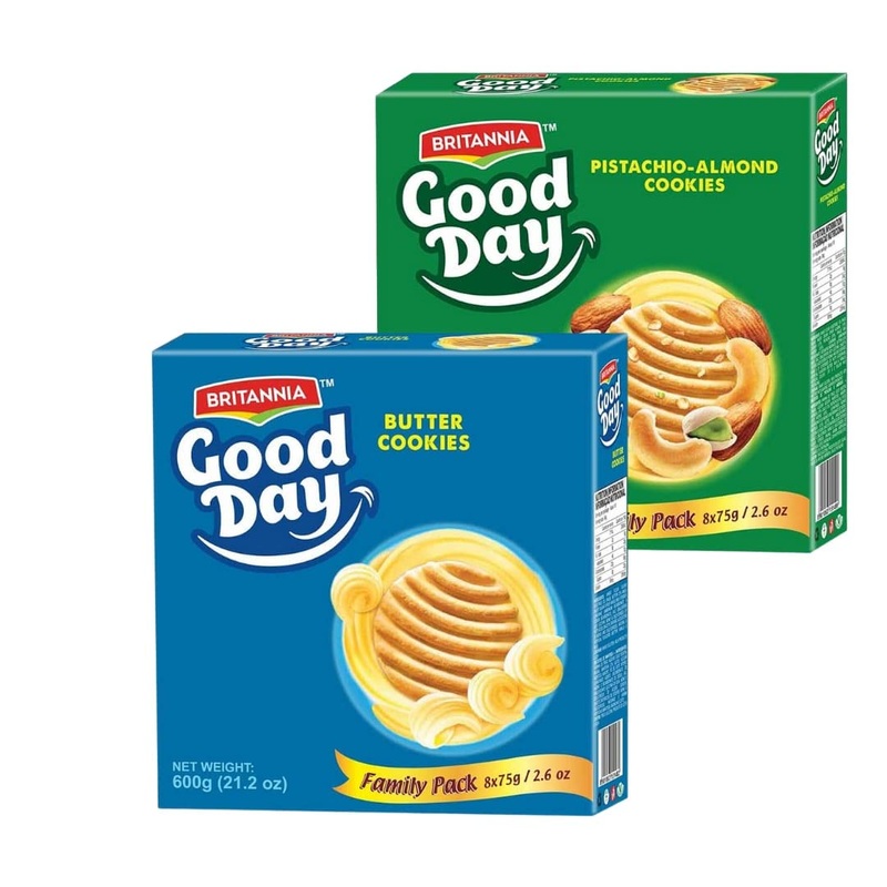 Britannia Good Day Pistachio/Almond & Butter Cookies 21.2Oz (600G) Combo Pack - Breakfast & Tea Time Snacks (Pack Of 1 Each)