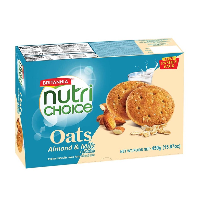 Britannia Nutrichoice Oats Almond Milk 15.87Oz (450G) - Crispy, Crunchy Tea Moments - Breakfast & Tea Time Snacks (Pack Of 1)