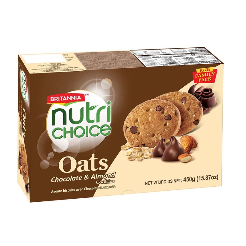 Britannia Nutrichoice Oats Choco Almond 15.87Oz (450G) - Breakfast & Tea Time Snacks - Delicious Grocery Cookies (Pack Of 1)