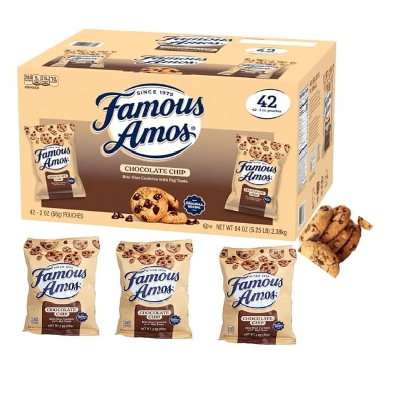 Classic Bite-Size Famousamos Chocolate Chip Cookies, 2 Oz Individual Bags | (42 - Count Chocolate Chip Cookies)