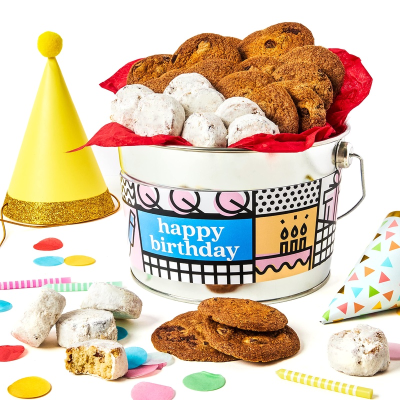 Davids Cookies Happy Birthday Cookies Bucket With Thin Crispy Cookies And Butter Pecan Meltaways Treats - Gourmet Cookies Gift B