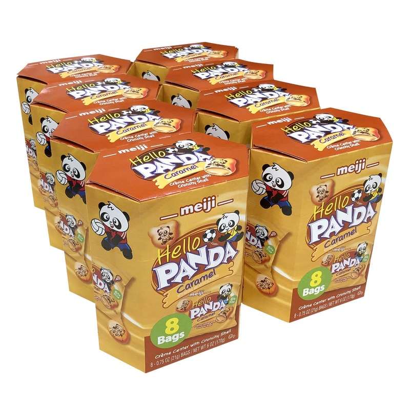 Meiji Hello Panda Cookies, Caramel Crme Filled - 6 Oz, Pack Of 8, 64 Bags Total - Bite Sized Cookies With Fun Panda Sports