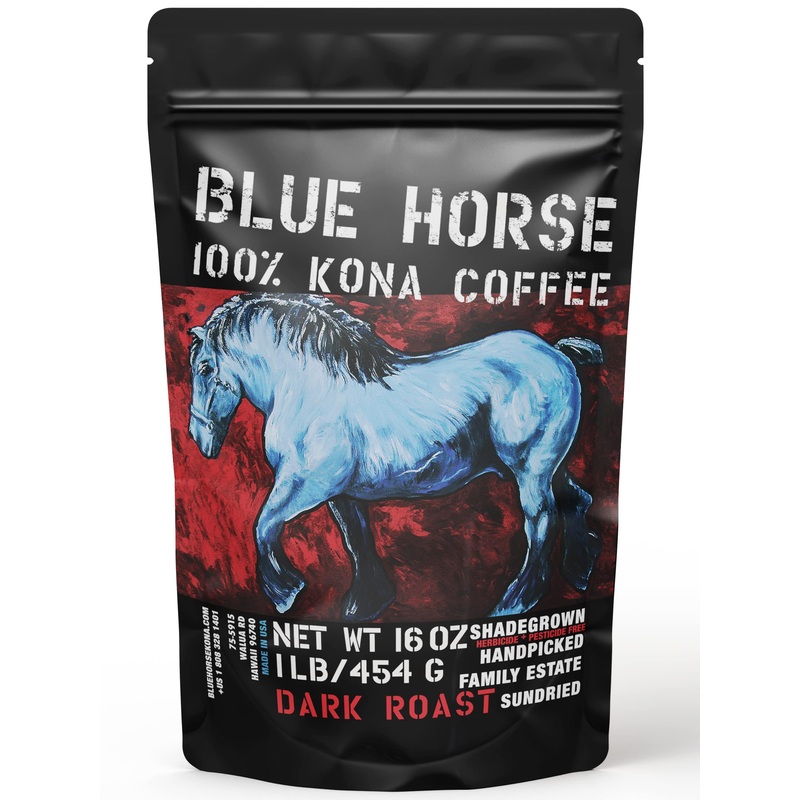 Blue Horse 100% Kona Coffee, Dark Roast, Arabica Whole Beans, 1 Lb (16 Oz) Bag, Farm Fresh, Authentic Hawaiian Coffee Beans From