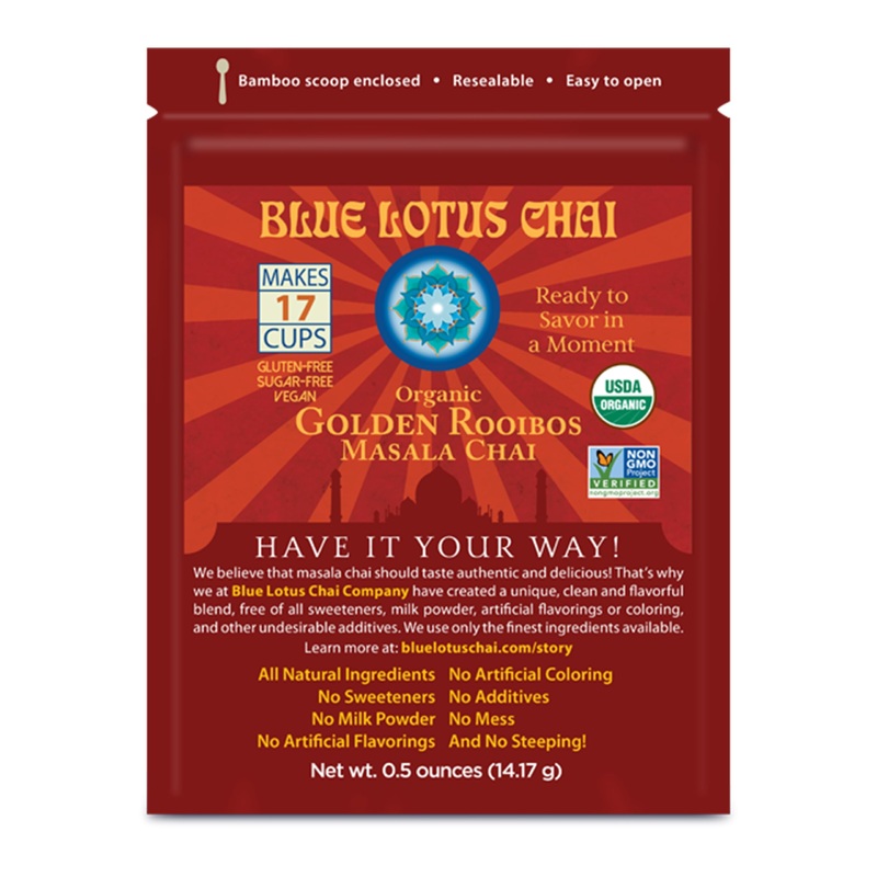 Blue Lotus Chai - Golden Rooibos Flavor Masala Chai - Makes 17 Cups - 0.5 Ounce Masala Spiced Chai Powder With Organic Spices -