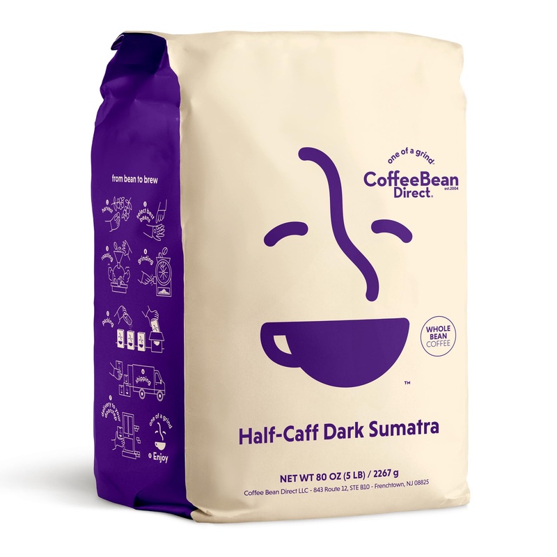 Coffee Bean Direct Half-Caff Dark Sumatra, Whole Bean Coffee, Dark Roast, 5 Pound Bag (Pack Of 1)