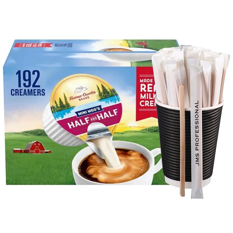 Coffee Creamer Singles Mini Moos Half & Half Creamer Singles, (192 Count), As A Gift 20 Wooden Coffee Stirrers Wrapped In Paper