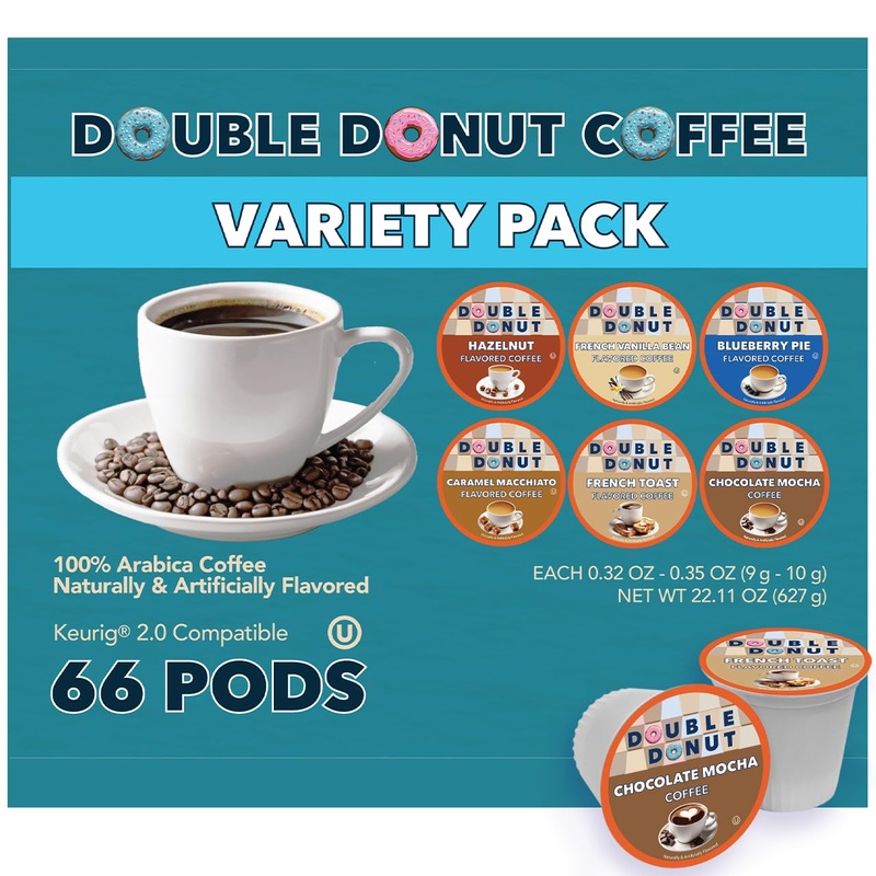 Double Donut Coffee Variety Pack Assorted Medium Roast, Dark Roast & Flavored Coffee In Recyclable Single Serve Cup, 66 Count