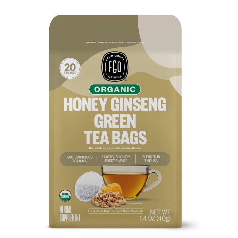 Fgo Organic Honey Ginseng Green Tea, 20 Count, Eco-Conscious Tea Bags, Resealable Bag, Packaging May Vary (Pack Of 1)
