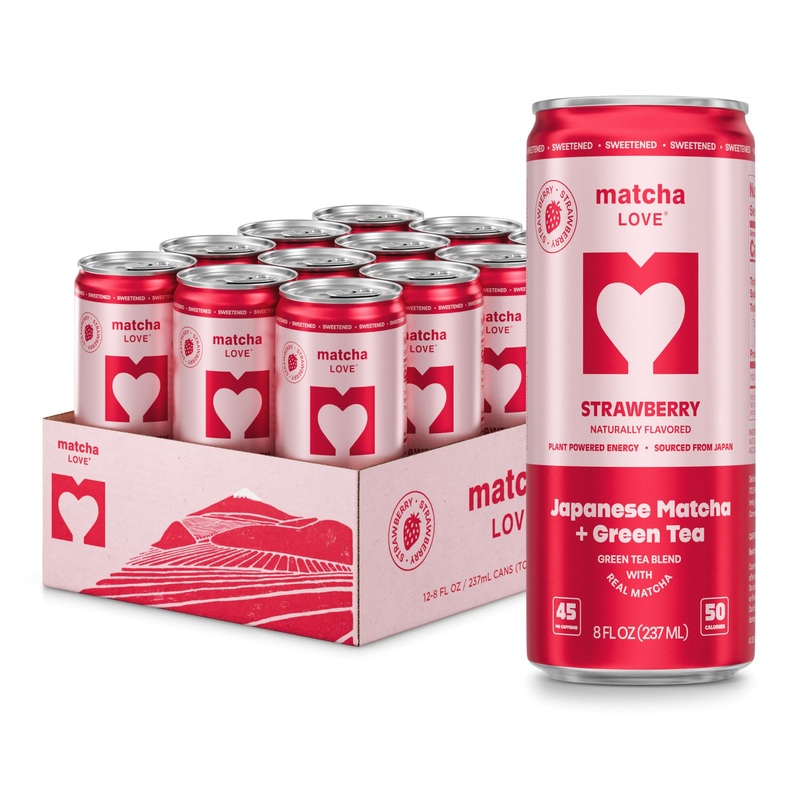 matcha LOVE Strawberry Matcha & Green Tea, Sweetened, 8 oz, Pack of 12 - Refreshing Blend for Smoothies & Beverages