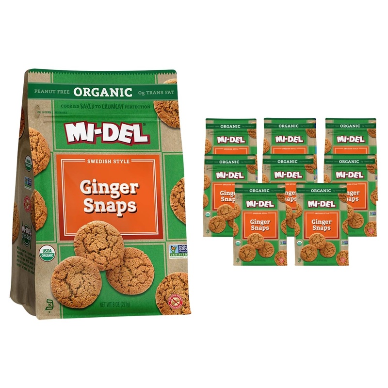 Mi-Del Ginger Snaps Organic - Crunchy Ginger Cookies Made With Real Ginger - Swedish Ginger Snaps Cookies Old Fashioned - Non-Gm