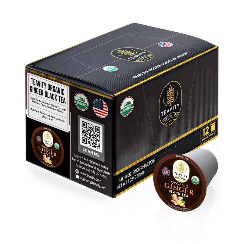 Organic Ginger Tea Pods For Keurig With Unsweet Black Tea For K Cup Brewing - Ginger Black Tea By Teavity (12 Tea Pods)