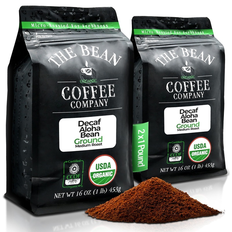 The Bean Organic Coffee Company Water Processed Decaf Aloha Bean (Hawaiian Hazelnut), Medium Roast, Ground Coffee, 16-Ounce Bags