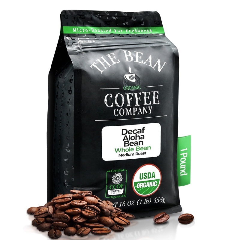 The Bean Organic Coffee Company Water Processed Decaf Aloha Bean (Hawaiian Hazelnut), Medium Roast, Whole Bean Coffee, 16-Ounce