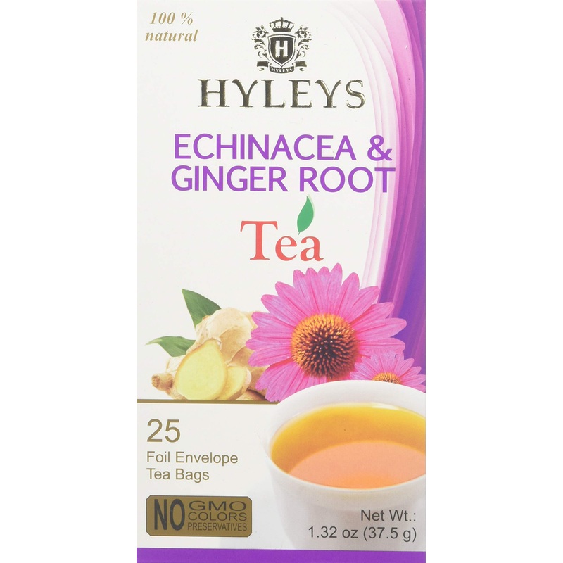 12 Pack Of Hyleys Wellness Natural Echinacea & Ginger Root Green Tea - 25 Tea Bags - (100% Natural, Sugar Free, Gluten Free And