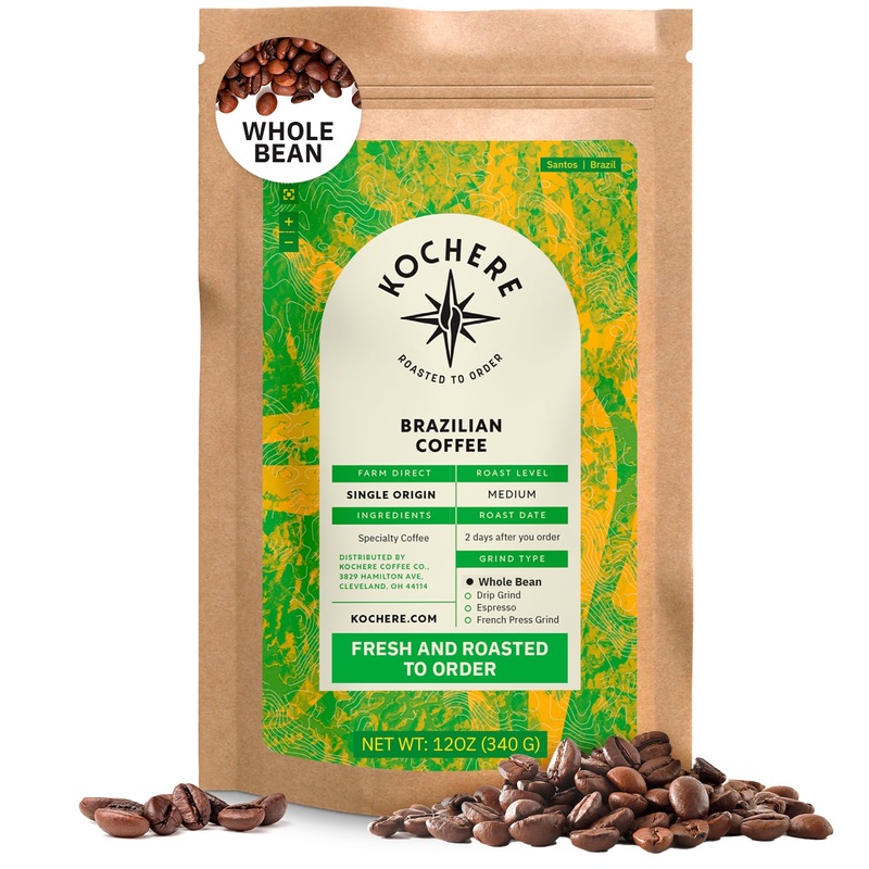 Brazilian Santos Medium Roast Coffee Beans - Single Origin Arabica Specialty Coffee Beans, Freshly Roasted To Order, Fair Trade