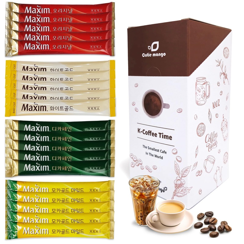 Cutie Mango Instant Coffee Mix Packets Single Serve - Korean Variety Coffee Sampler 20 Sticks Of 4 Different Flavors, Maxim Whit