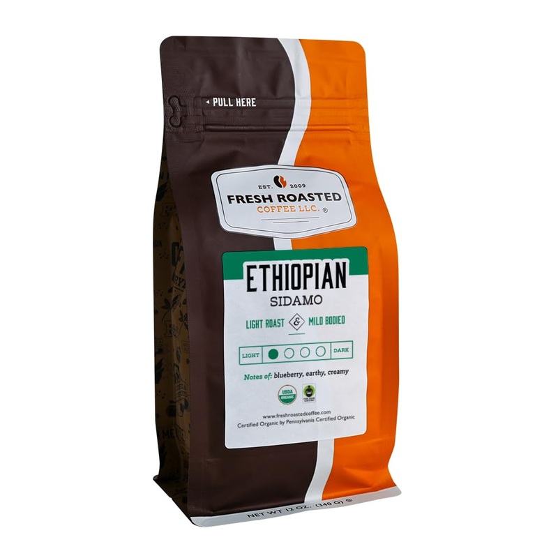 Fresh Roasted Coffee, Organic Ethiopian Sidamo, 12 Oz, Light Roast, Fair Trade Kosher, Ground