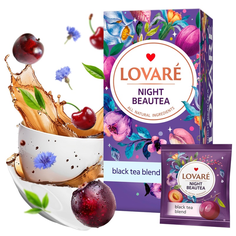 Lovare Night Beautea Tea Bags 48 G - Made In Ukraine - Ceylon Black Tea, Cherry Berries, Cornflower Petals, Royal Pomegranate Pl