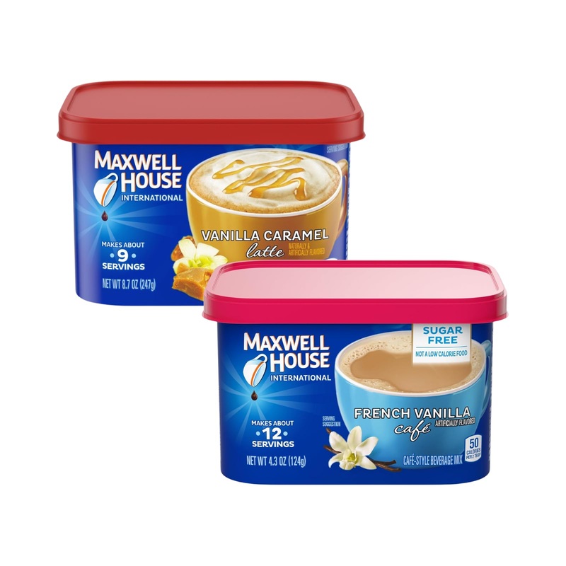 Maxwell House Vanilla Caramel Latte Mix, 8.7 Oz + French Vanilla Caf  -Style Instant Coffee Beverage Mix, 4.3 Oz, (Variety Pack)