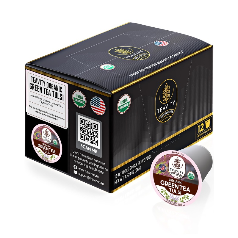 Organic Tulsi Tea Pods With Unsweetened Caffeinated Green Tea Pods For Keurig - Tulsi Green Tea By Teavity (12 Tea Pods)