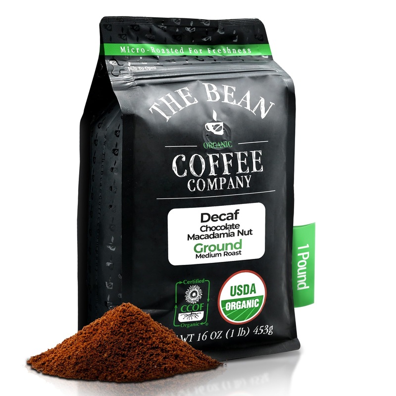 The Bean Organic Coffee Company Water Processed Decaf Chocolate Macadamia Nut, Medium Roast, Ground Coffee, 16-Ounce Bag, Caf