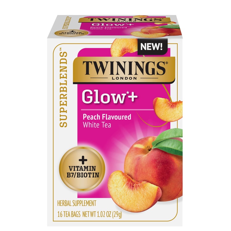 Twinings Superblends Glow+ Vitamin B7 Biotin Peach Flavoured White Tea, 16 Tea Bags (Pack Of 6), Enjoy Hot Or Iced