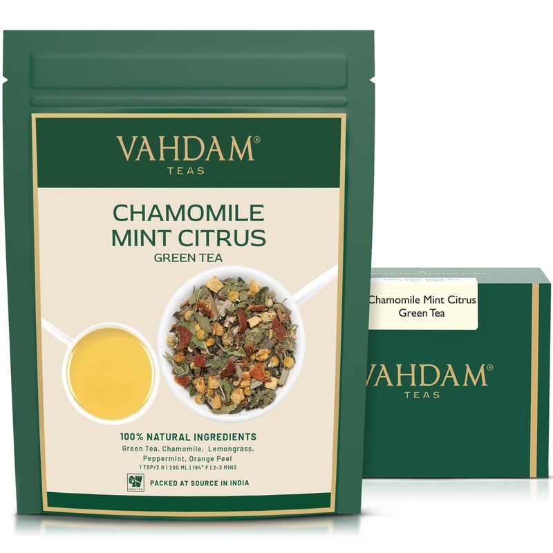 Vahdam, Chamomile Mint Citrus Green Tea Leaves (50+ Cups, 3.5 Oz) Essential Herbs | Green Tea Leaves, Chamomile, Peppermint, Spe