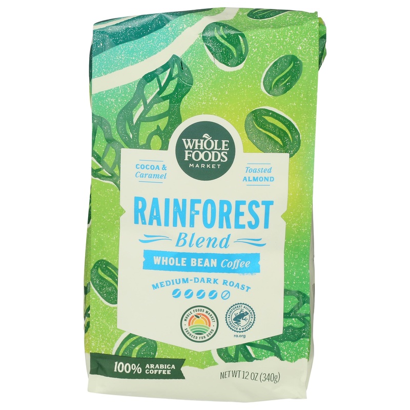 Whole Foods Market Rainforest Blend Coffee, Medium-Dark Roast, Whole Bean, 12 Ounce - Rich Flavor, Fair Trade Certified