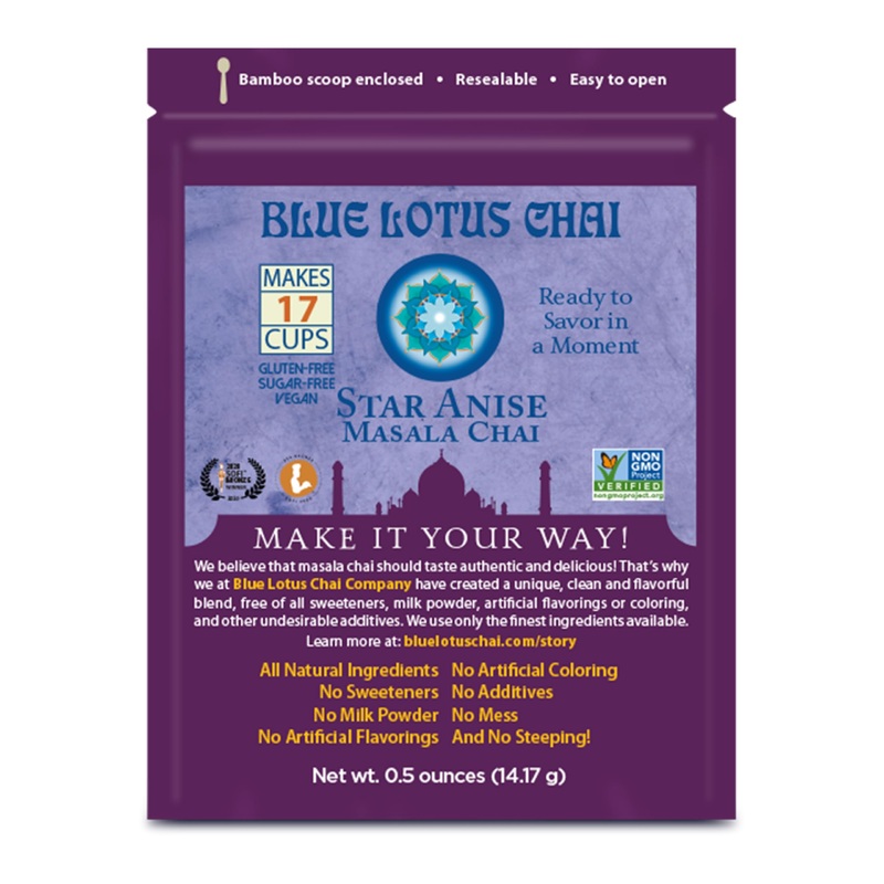 Blue Lotus Chai - Star Anise Masala Chai - Makes 17 Cups - 0.5 Oz Pouch Masala Spiced Chai Powder With Organic Spices - Instant