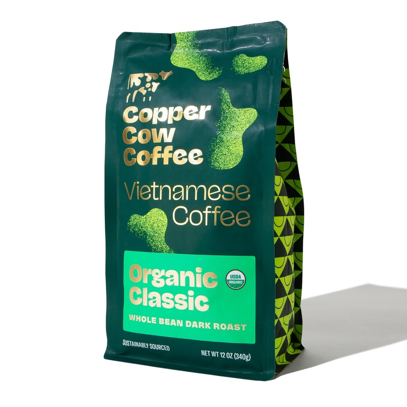 Copper Cow Coffee Premium Vietnamese Whole Bean Coffee | Organic Classic | Dark Roast | Sustainably Sourced | Whole Bean | 12Oz