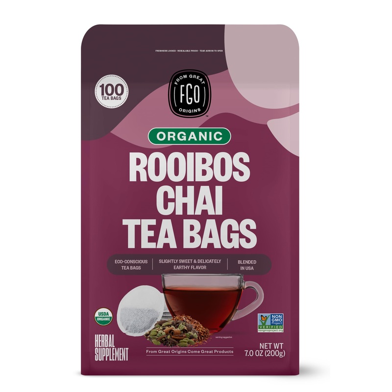 Fgo Organic Rooibos Chai Tea, 100 Count, Eco-Conscious Tea Bags, Resealable Bag, Packaging May Vary (Pack Of 1)