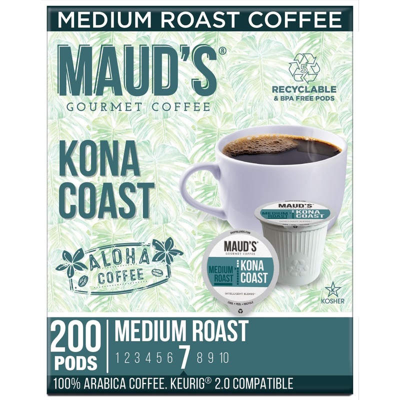 Maud'S Kona Coffee Pods, 200 Ct, Medium Roast Coffee In Recyclable Single Serve Pods - 100% Arabica Coffee, Compatible With Keur